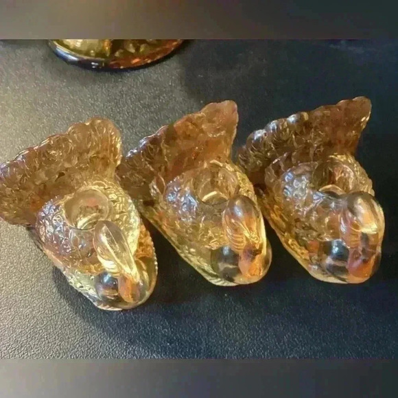 williams sonoma SET OF 3 AMBER GLASS TURKEY small taper holders 2"x 2", - Picture 3 of 9